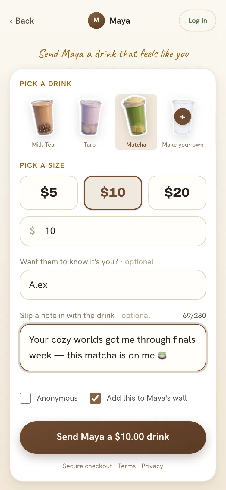 Sending a creator a $10 matcha, with a note attached